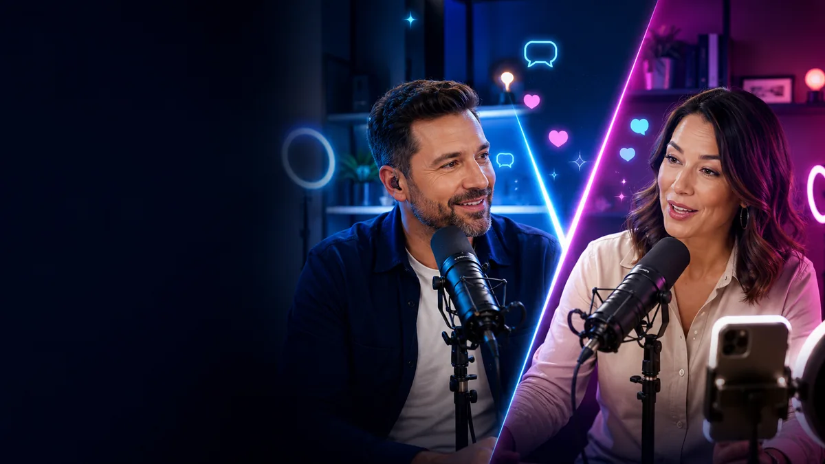 Illustration of two livestream hosts facing off in a split pink and cyan studio, representing a live battle matchup on LiveBattle.io